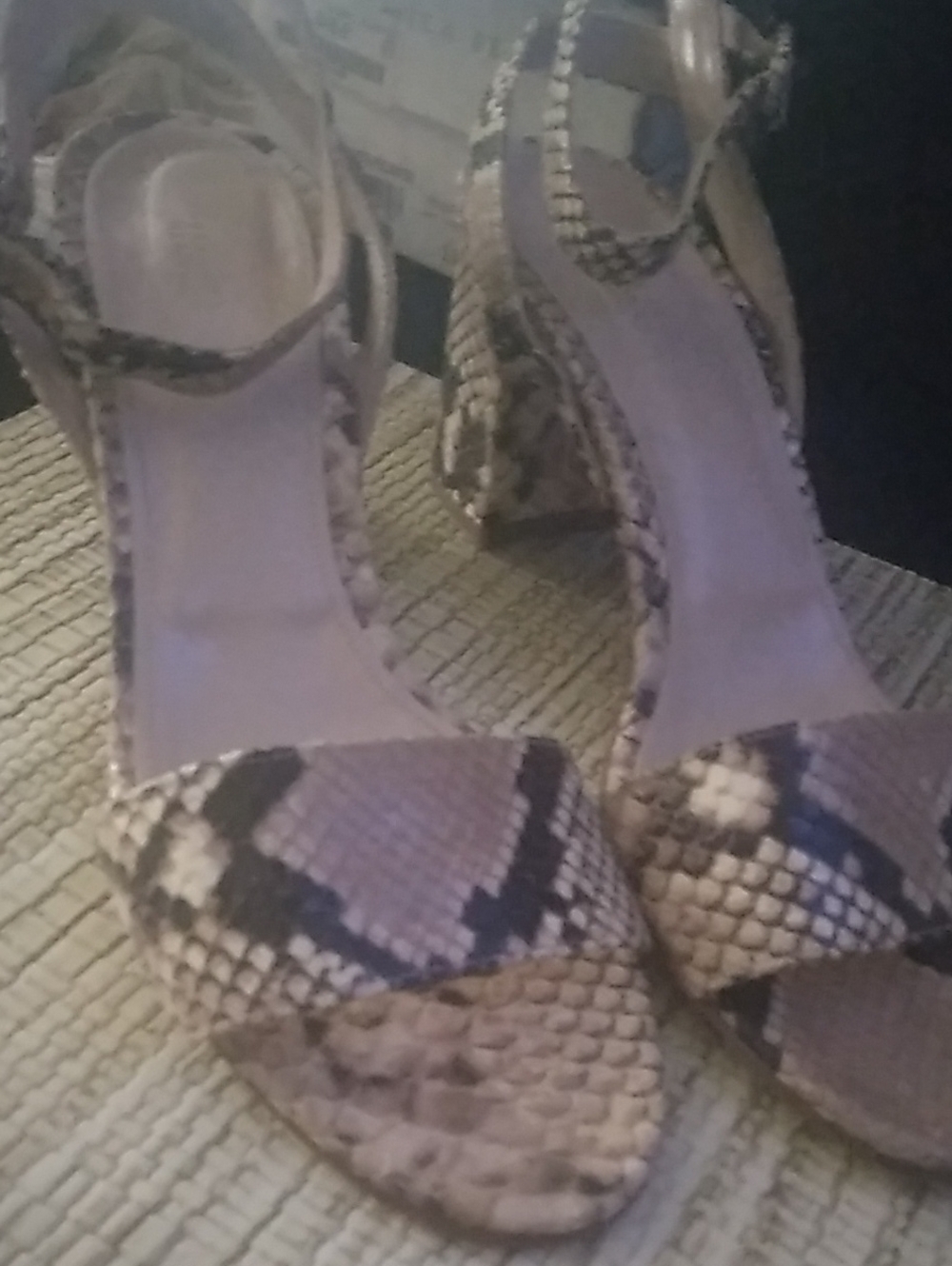Barneys New York Brown/Biege Snakeskin Ankle Strap Block Heel Sandals